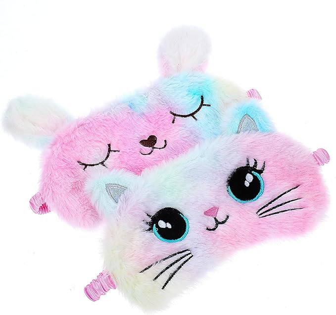 2 Pcs Plush Eye Mask Soft Sleeping Blindfold Eye Cover Comfortable Cute Animal Sleeping Mask Satin Nap Night Eyeshade Cover for Women Men Gift (Multicolor, Cat&Rabbit Style)