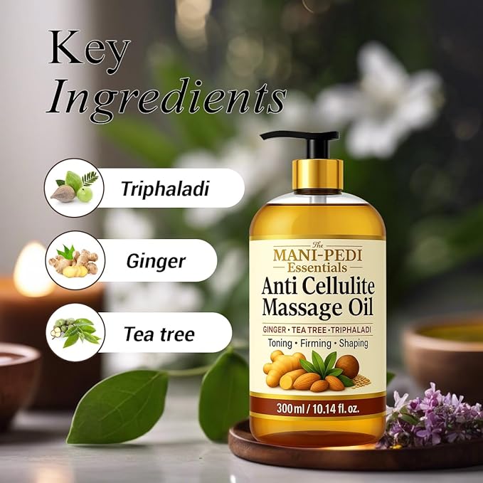 Anti Cellulite Massage Oil with Ginger Oil, Tea-Tree Oil & Natural Herbs for Toning, Firming & Shaping. 100% Natural Ingredients, Non-Sticky Texture - 10 Fl Oz