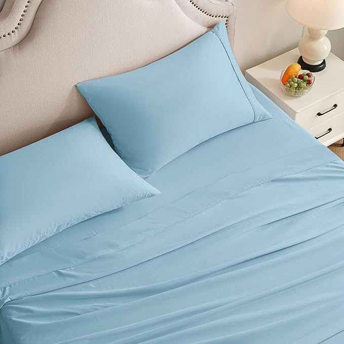 Queen Sheet Set, 4 Pieces Hotel Luxury Soft Microfiber Queen Bed Sheets Set, Up to 16" Deep Pockets, Oeko-Tex Sheets with Elastic, Breathable, Wrinkle Free (Sky Blue, Queen)