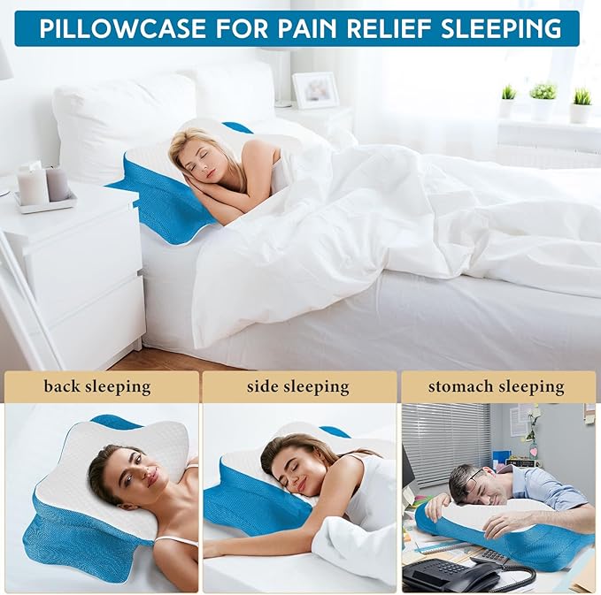 HunnmingRe Cervical Pillow Case Cover Comfortable and Breathable Memory Foam Cervical Neck Pillow Case Cover with Zipper(White, Blue,Queen Size)