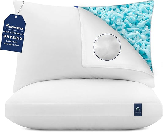 ACCURATEX Hybrid Pillow for Sleeping, Adjustable Shredded Memory Foam Pillow Core with Fluffy Down Alternative Fill Removable Cotton Cover,for Side,Back,Stomach Sleepers,Queen Size, 1 Pack