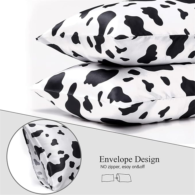 Satin Pillowcase for Hair and Skin Cow Print Silk Satin Pillowcase 2 Pack Standard Size Pillow Cases Set of 2 Cooling Silky Pillow Cover with Envelope Closure (20x26 inches, Cow)