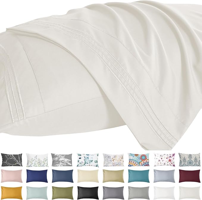 YIYEA Standard Pillow Cases Set of 2, Ultra Soft Double Brushed Microfiber Pillowcases Standard, Hotel Quality Embroidered Bed Pillow Covers, Fade Resistant, Easy Slip-On (20"x26", Ivory)