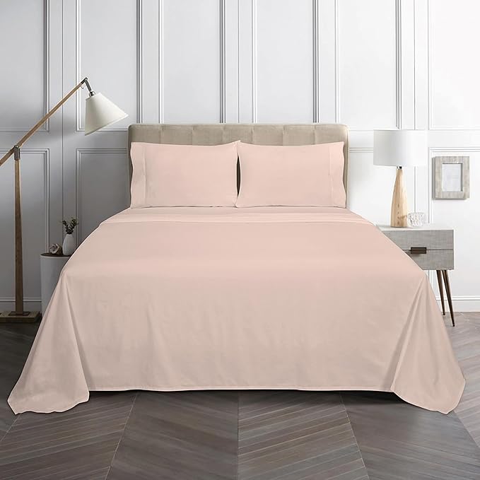 ROYALE LINENS Bamboo Viscose Queen Sheet Set - Cooling Bed Sheet Set - 1 Fitted, 1 Flat & 2 Pillowcase - Fits Up to 16" - Organic Viscose Derived from Bamboo - Bedding Sheet Set (Queen, Morganite)
