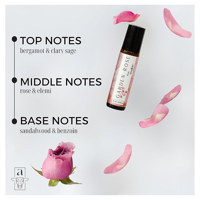 Amallow All Natural Non-Toxic Perfume Roller - Made With Pure and Organic Essential Oils - Hints of Rose, Sandalwood, Elemi, and Clary Sage (Garden Rose)