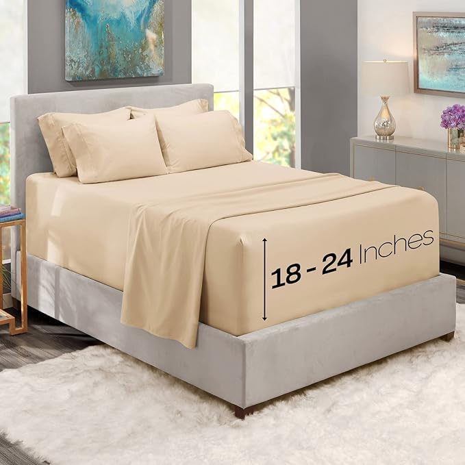 Hearth & Harbor Extra Deep Pocket Sheets - Fits Mattress 18-24 Inches Deep - Extra Deep Pocket Split King Size Sets - 7 Piece Split King Size - Cream