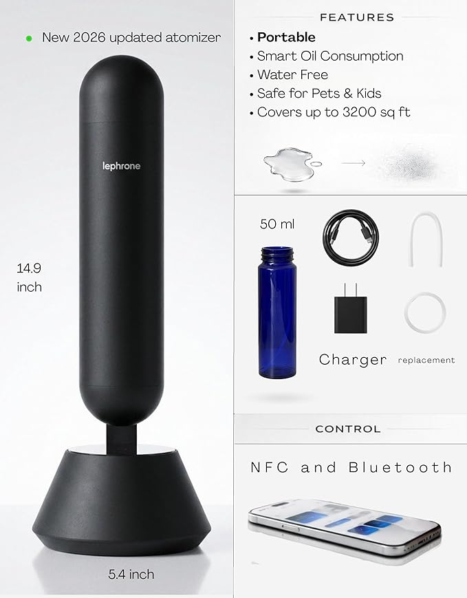 Smart Cold Air Diffuser Waterless Oil Aromatherapy Machine, Bluetooth Scent Diffuser, Cylindrical Capsule Shape, Quiet Modern Home Fragrance Diffuser 100ml, Portable (Black)