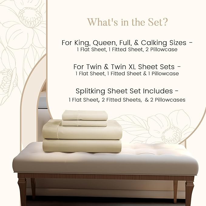 800TC Egyptian Cotton Bedding Sheets & Pillowcases - Queen Sheet Set - Soft, Durable and Luxurious 4PC Sateen Weave Ivory Bed Sheets for Queen Size Bed, No Pill & Shrink Thick Machine Washable