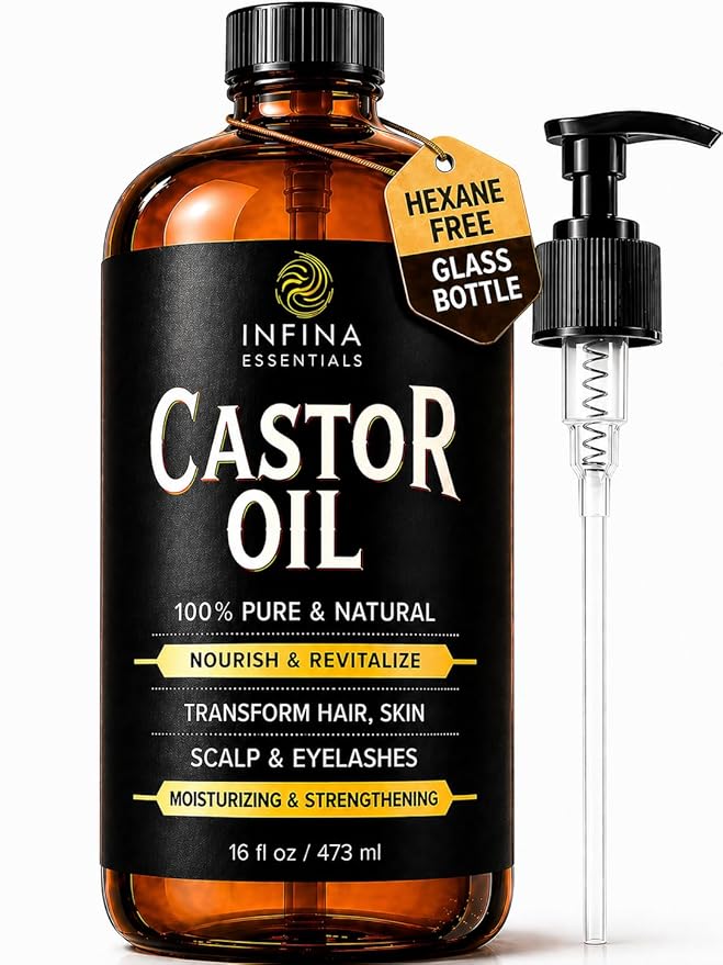 INFINA ESSENTIALS Pure Cold Pressed Castor Oil - Hexane Free, Glass Bottle for Hair Growth, Face, Scalp, Skin & Eyelashes - Nourishing and Moisturizing - 16 fl oz