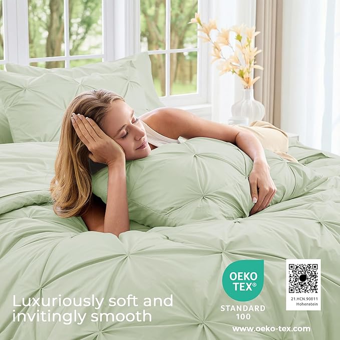 Sasttie California King Comforter Set, 7-Piece Bed in a Bag, Pintuck Bedding Sets for All Season, Includes Comforter, Flat Sheet, Fitted Sheet, Pillowcases and Pillowshams, Mint