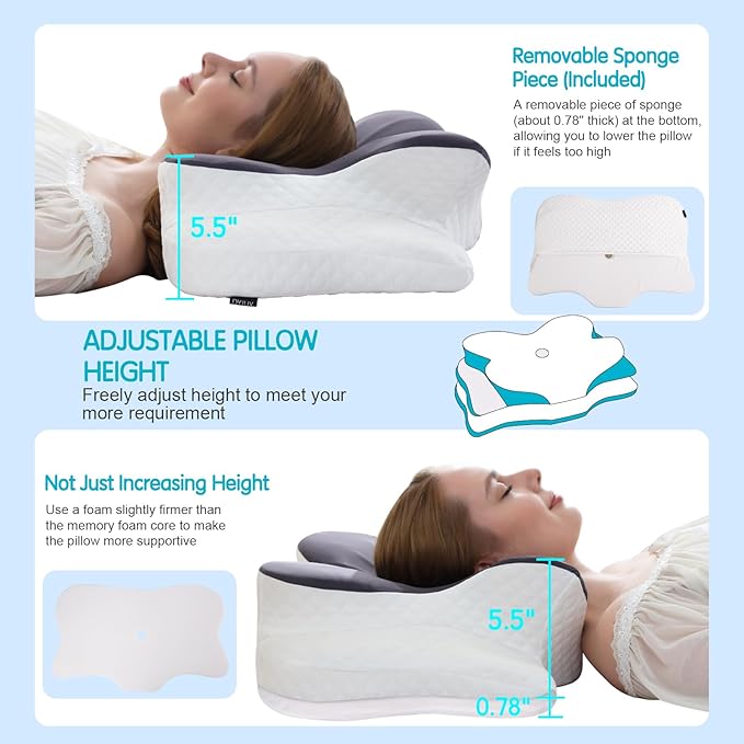 Cervical Pillow for Neck Pain Relief, Contour Memory Foam Pillows, Adjustable Orthopedic Pillow with Cooling Pillowcase for Side, Back, Stomach Sleepers, Ergonomic Neck and Shoulder Support