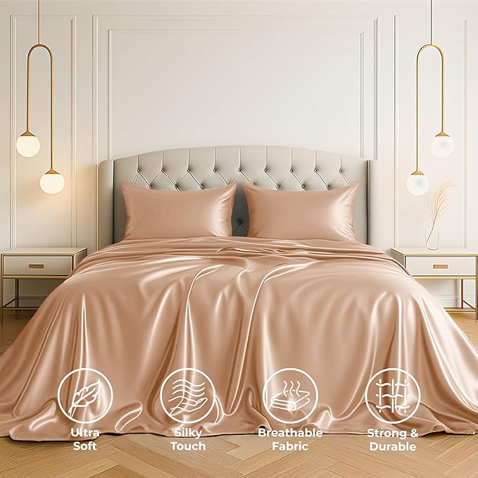 Satin Sheets Full [4-Piece, Rose Gold] Hotel Luxury Silky Bed Sheets - Extra Soft 1800 Microfiber Sheet Set, Wrinkle, Fade, Stain Resistant - Deep Pocket Fitted Sheet, Flat Sheet, Pillow Cases