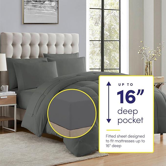 Full Size Comforter Set with Sheets - 7-Piece Bedding Collection - 1 Comforter, 1 Fitted Sheet, 1 Flat, 4 Pillowcases - Deep Pocket - Soft & Breathable Premium Quality - Ideal for All Seasons, Gray