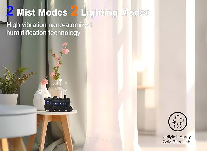 Train Shape Essential Oil Diffuser Humidifier, 2 Lighting Modes, Remote Control, Train Design Home Fragrance Diffuser, 300ml, for Bedroom Office Desktop (US Plug)