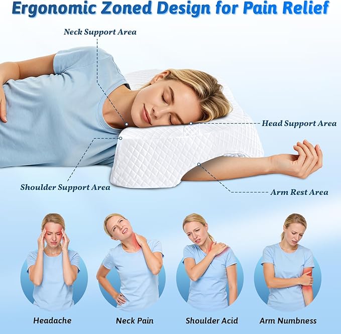 Side Sleeper Pillow with Arm Hole, Shoulder Relief System, Arm Pillow for Neck and Shoulder Pain, Premium Memory Foam, Suitable for Side, Back and Stomach Sleepers - White, 6in Height
