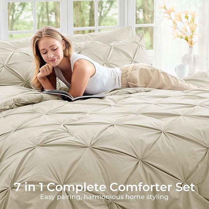 Sasttie Twin Comforter Set, 5-Piece Bed in a Bag, Pintuck Bedding Sets for All Season, Includes Comforter, Flat Sheet, Fitted Sheet, Pillowcase and Pillowsham, Linen
