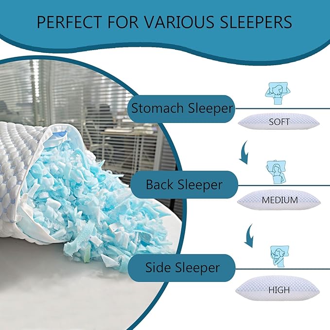 Cooling Pillows for Sleeping, Shredded Memory Foam Cooling Pillow for Hot Sleepers, Adjustable Cool Bed Pillows for Side Back Stomach Sleepers(Queen)