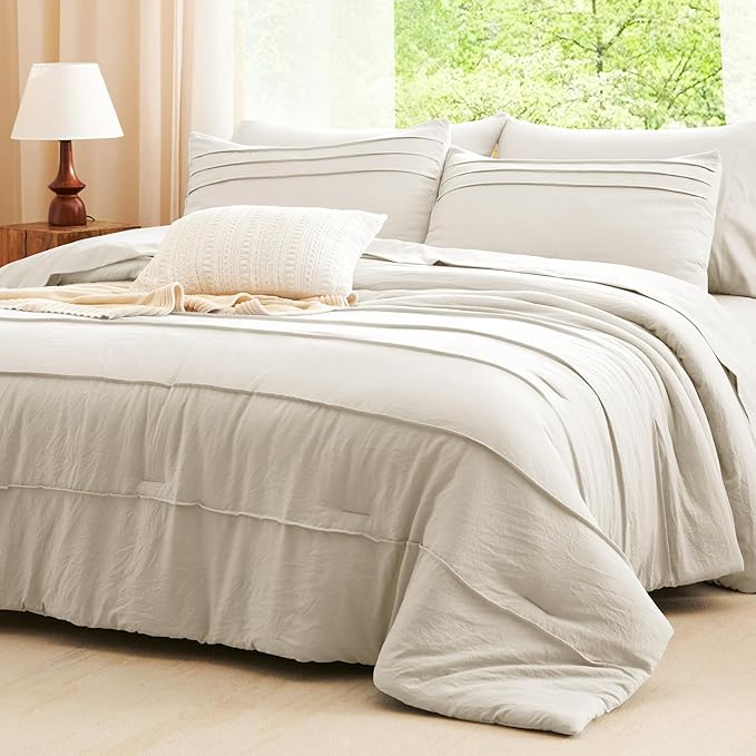 CozyLux Full Size Comforter Sets Beige, 7 Pieces Soft Pinch Pleat Bed in a Bag Full Comforter Set with Sheets, Boho Bed Set with Down Alternative Comforter, Sheets, Pillowcases & Shams