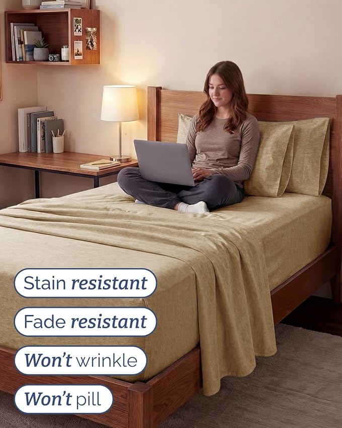 Extra Deep Twin XL Sheet Set - 4 Piece Breathable and Cooling Sheets - Hotel Luxury Bedding for Women, Men, Kids & Teens - Easy Secure Fit - Soft & Wrinkle Free - Extra Deep Pockets - Heathered Tan