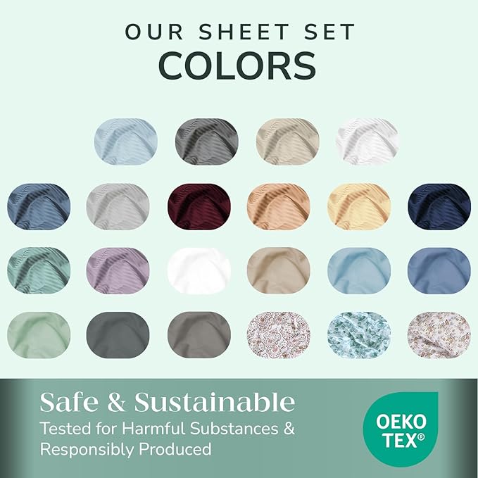 Feather & Stitch 500 TC Full Size 4pc Damask Bed Sheet Set, 100% Soft Cotton Breathable Bedsheets, 18" Deep Pockets Sateen Weave Solid Bedding Mattress Resort Hotel Luxury Decor - (Feather Blue)
