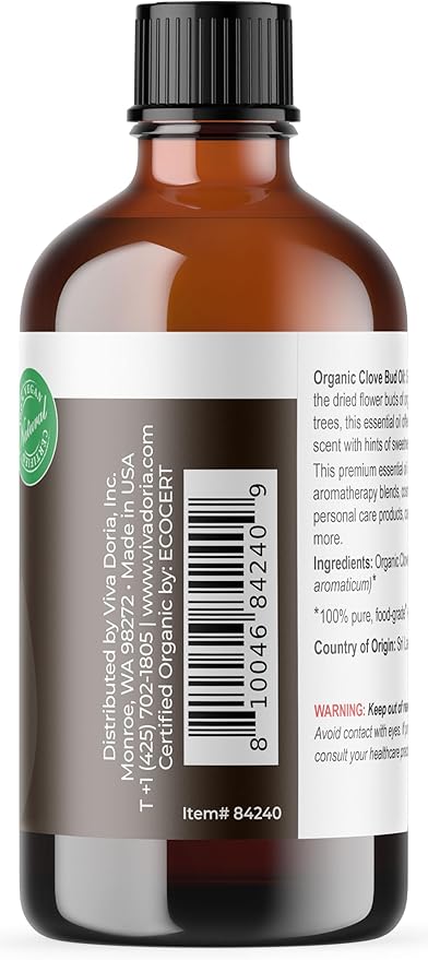 Viva Doria Clove Bud Essential Oil, USDA Certified Organic Clove Oil, 100% Pure, Natural Essential Oil, Undiluted, for Aromatherapy | Food Grade, 118 mL (4 Fluid Ounce)