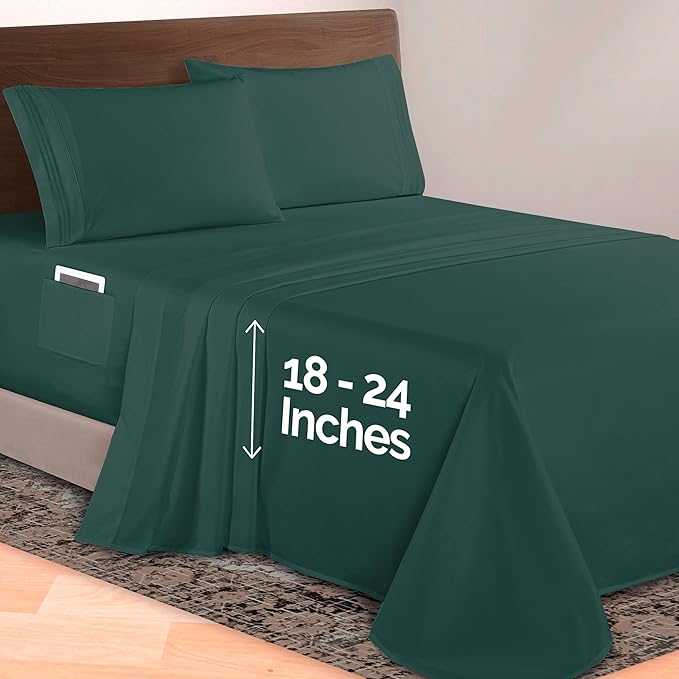 Elegant Comfort Luxurious 1500 Premium Hotel Quality Microfiber 4-Piece Sheet Set, 18-24 Inches Deep - Extra Deep Pocket Sheets - Ultra Soft 4PC Deep Pocket Sheets, Queen, Hunter Green