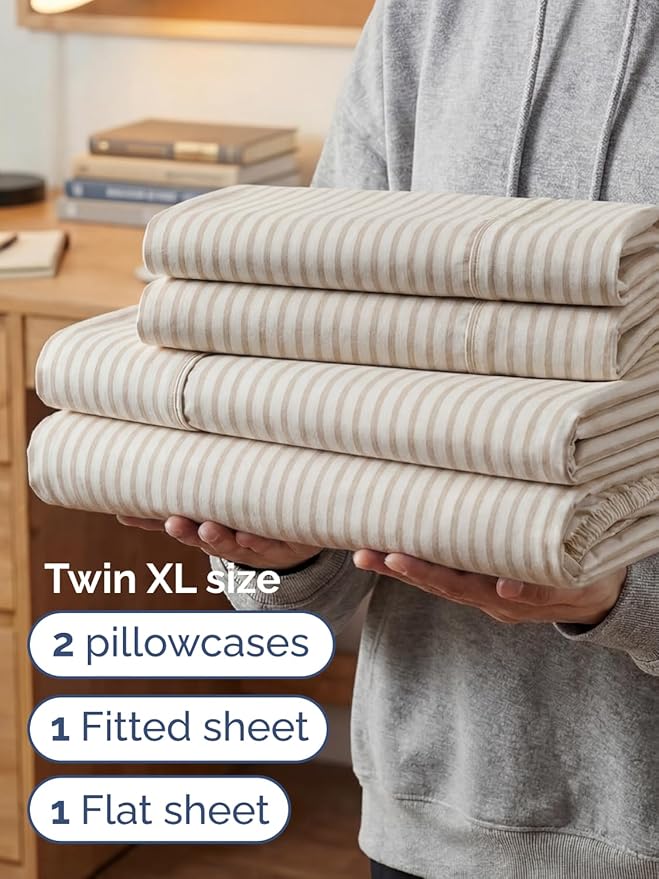 Extra Deep Twin XL Sheet Set - 4 Piece Breathable and Cooling Sheets - Hotel Luxury Bedding for Women, Men, Kids & Teens - Easy Secure Fit - Soft & Wrinkle Free - Extra Deep Pockets - Beige Stripes