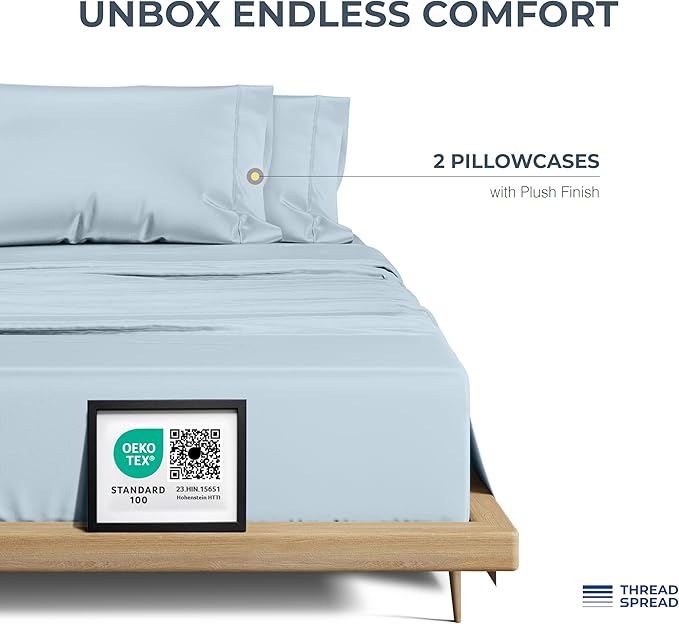 THREAD SPREAD 100% Egyptian Cotton Pillow Cases Queen Size Set of 2 - Luxury 1500 Series Queen Pillow Cases (Light Blue), Soft Cooling Envelope Closure Hotel Quality Egyptian Cotton Pillowcases