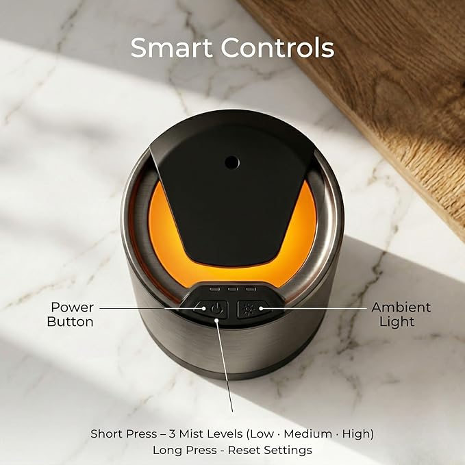 Scentia MiniPod Black Waterless Diffuser for Essential Oil, Smart Car Air Freshener with 3 Mist Levels & 3 LED Light Colors, Auto On/Off Rechargeable, Portable Scent Air Machine