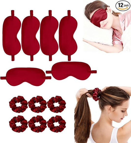 12Pcs Silk Sleep Masks Satin Eye Mask Silky Eyes Cover Blindfold Eyeshade Hair Ties Scrunchy Travel Bridesmaids Gifts