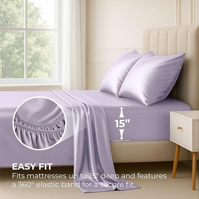Satin Sheets Twin [3-Piece, Lavender] Hotel Luxury Silky Bed Sheets - Extra Soft 1800 Microfiber Sheet Set, Wrinkle, Fade, Stain Resistant - Deep Pocket Fitted Sheet, Flat Sheet, Pillow Cases