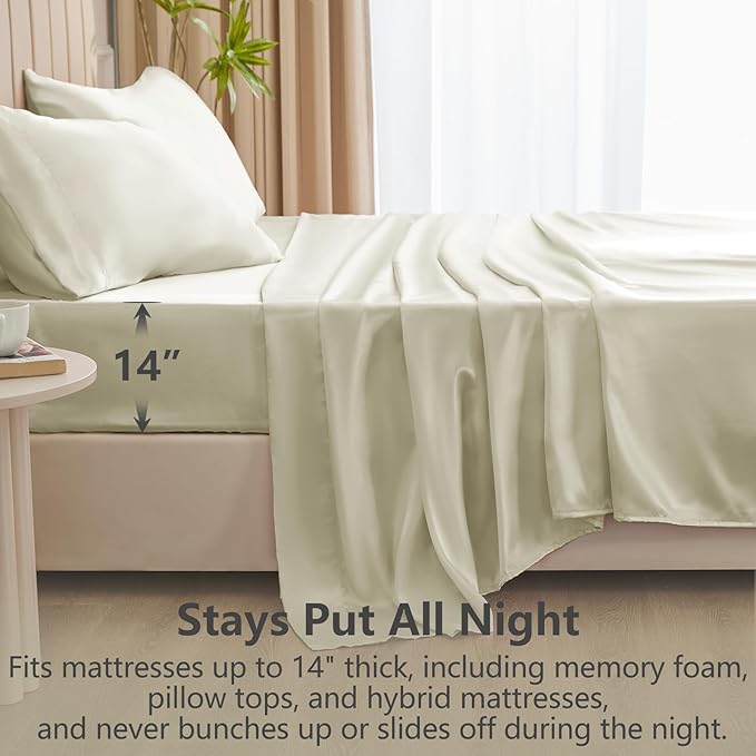 CozyLux Satin Sheets Full Size Sheets - 4 Piece Silky Full Size Bed Sheets, Luxury Cream Full Bed Set with Smooth and Soft Microfiber, Includes 1 Fitted Sheet, 1 Flat Sheet and 2 Pillowcases