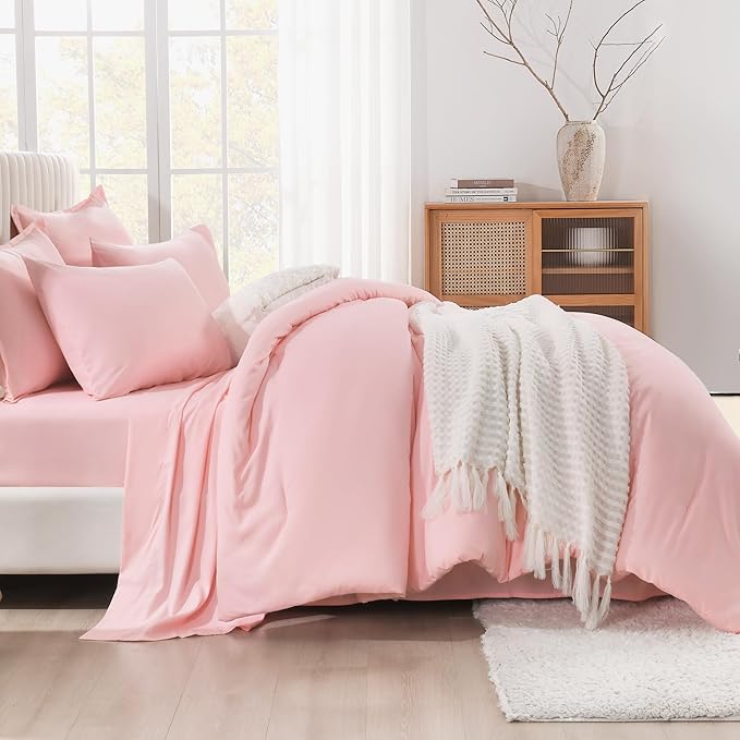 Litanika Twin/Twin XL Size Comforter Sets Pink - 5 Pieces Bed in a Bag Twin/Twin XL Bedding Comforter Sets, Solid Lightweight Bed Set with Comforter, Sheets, Pillowcase & Sham
