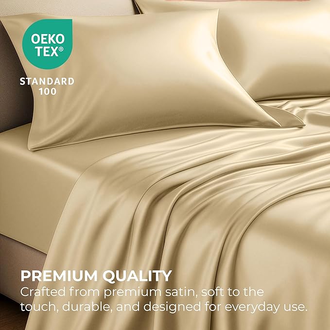 Satin Sheets Twin [3-Piece, Ivory] Hotel Luxury Silky Bed Sheets - Extra Soft 1800 Microfiber Sheet Set, Wrinkle, Fade, Stain Resistant - Deep Pocket Fitted Sheet, Flat Sheet, Pillow Cases