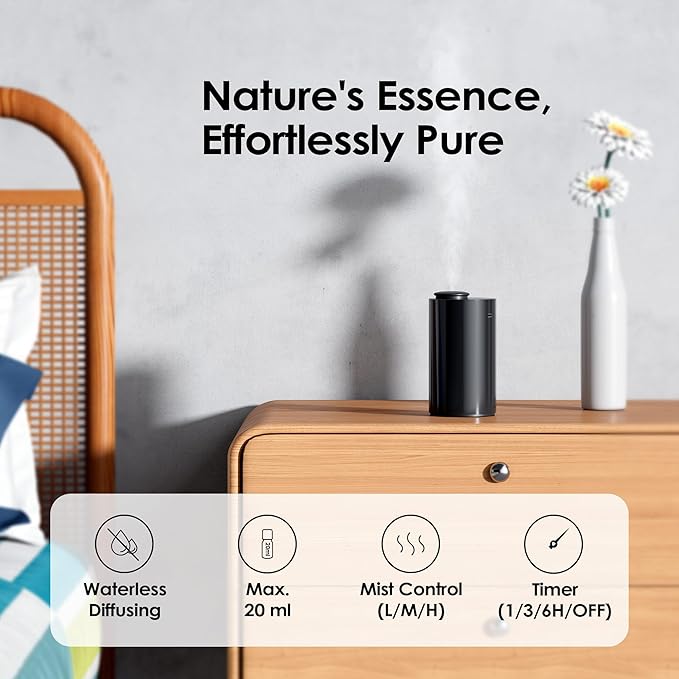 Airversa Waterless Essential Oil Diffuser Starter Kit with 2x20mL Hotel Fragrance Oils for Car Home Office, Cordless Battery Operated Scent Air Cool Mist Diffuser, Mist/Timers, Gift for Mom, Black Kit