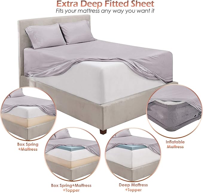 Hearth & Harbor Fits Mattress up to 21", Double Brushed Bedding Sheets & Pillowcases, Microfiber, Light Lavender, Split King Size