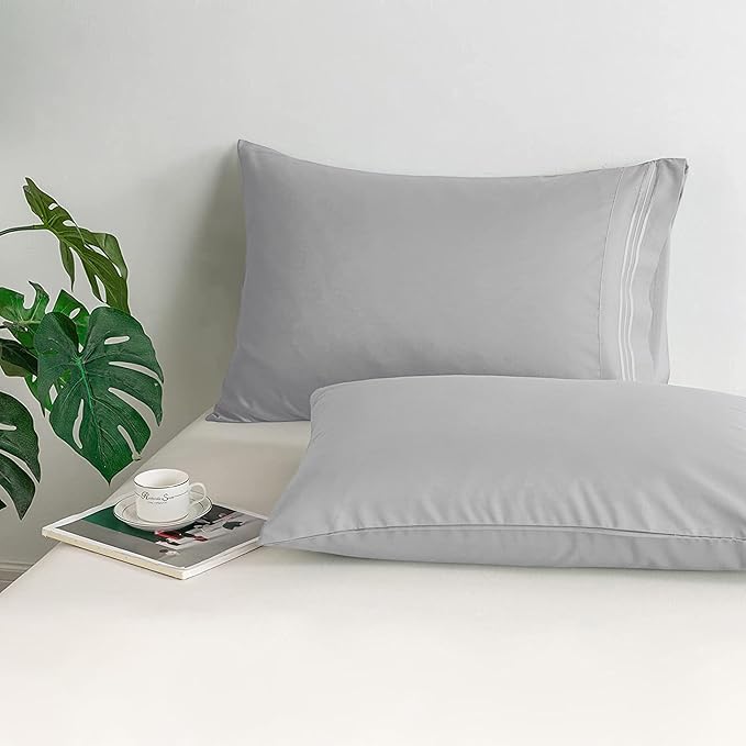 Mocassi 2-Piece Premium King Pillowcase Set 1800 Series Hotel Quality Microfiber - Soft and Breathable with 3-Line Embroidery Wrinkle and Stain Resistant, Easy Care, 20" x 40", Light Gray
