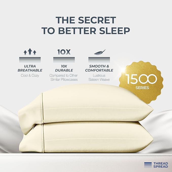 THREAD SPREAD 100% Egyptian Cotton King Size Pillow Cases Set of 2 - Luxury 1500 Series Pillow Cases King Size (Ivory), Soft Cooling Envelope Closure Hotel Quality Egyptian Cotton Pillowcases