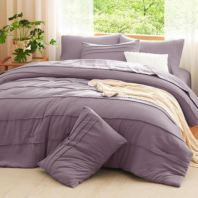 CozyLux Queen Comforter Set Dusty Purple, 7 Pieces Soft Pinch Pleat Bed in a Bag Queen Comforter Set with Sheets, Boho Bed Set with Down Alternative Comforter, Sheets, Pillowcases & Shams