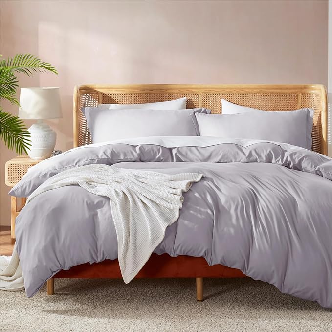 Nestl Queen Duvet Cover Set with Comforter Insert - Grey Lavender 4 Piece 90x90 Duvet Cover & 2 Pillow Shams with White Quilted Down Alternative Comforter, Ultra Soft, All Season