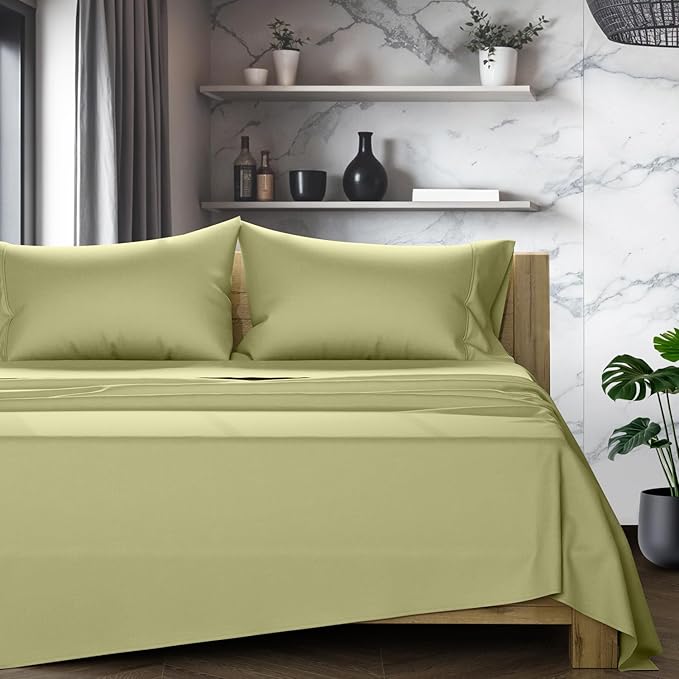 TEXAS LINEN CO. 100% Egyptian Cotton Bed Sheets Full Size - Luxury 1200 Series Sheets Full Size Bed Set (4 PC, Sage Green), 17" Deep Pocket, Soft, Cooling Sateen Weave Hotel Quality Bedding Set