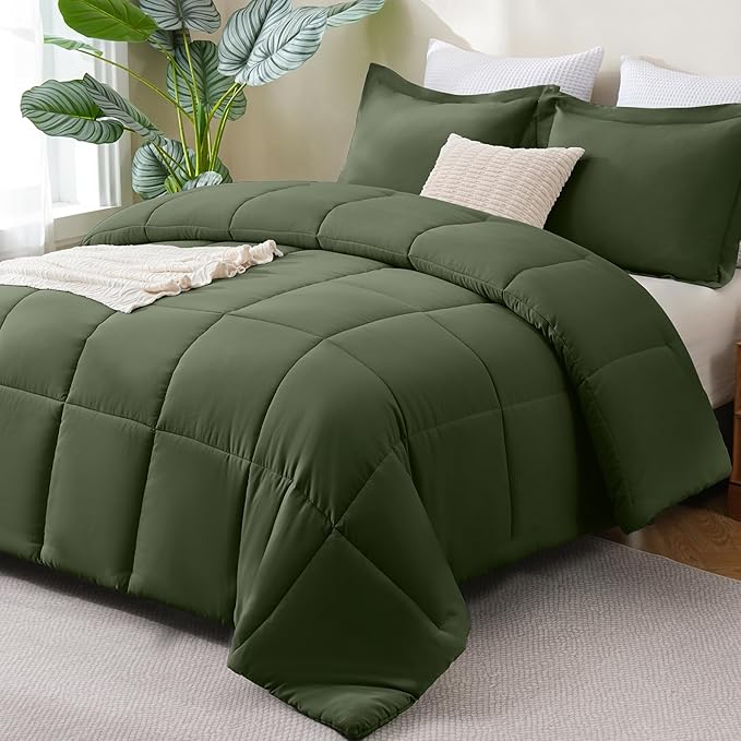 CozyLux Oversized King Comforter Set, 3 Pieces Olive Green 120x98 Box Stitched Design Soft Bedding Set, All Season Lightweight Breathable Bed Set with 1 Down Alternative Comforter and 2 Pillow Shams