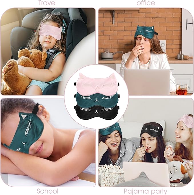 Cute Cat Silk Satin Eye Mask - 3Pcs Women's Blackout Blindfold with Elastic Strap - Travel Eye Mask (3 Colors)