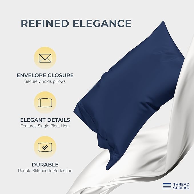 THREAD SPREAD 100% Egyptian Cotton Pillow Cases Queen Size Set of 2 - Luxury 1500 Series Queen Pillow Cases (Navy Blue), Soft Cooling Envelope Closure Hotel Quality Egyptian Cotton Pillowcases