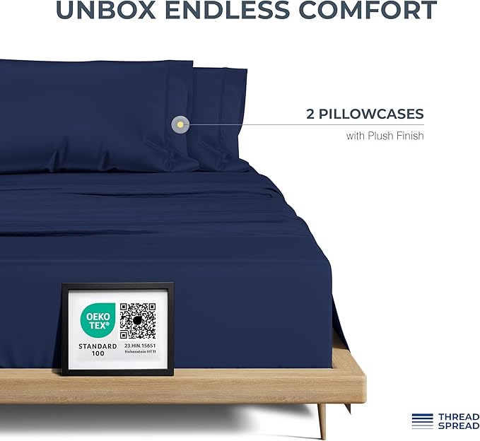 THREAD SPREAD 100% Egyptian Cotton Pillow Cases Queen Size Set of 2 - Luxury 1500 Series Queen Pillow Cases (Navy Blue), Soft Cooling Envelope Closure Hotel Quality Egyptian Cotton Pillowcases