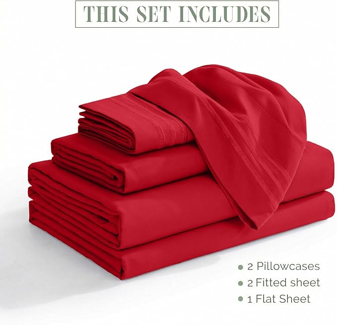 Elegant Comfort Luxurious 1500 Premium Hotel Quality Microfiber Three Line Embroidered Softest 5-Piece Bed Sheet Set, Wrinkle and Fade Resistant, Split King, Red