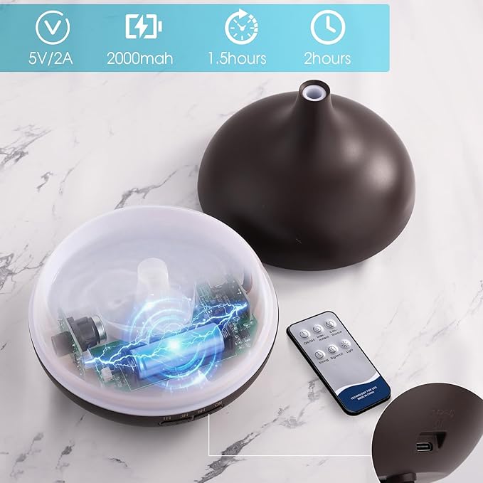Rechargeable Diffuser for Essential Oils Large Room, 450ml Battery Operated Diffuser with Remote Control, Aromatherapy Oil Diffuser with Timer, 7 Colors Light air humidifiers for Home&Office