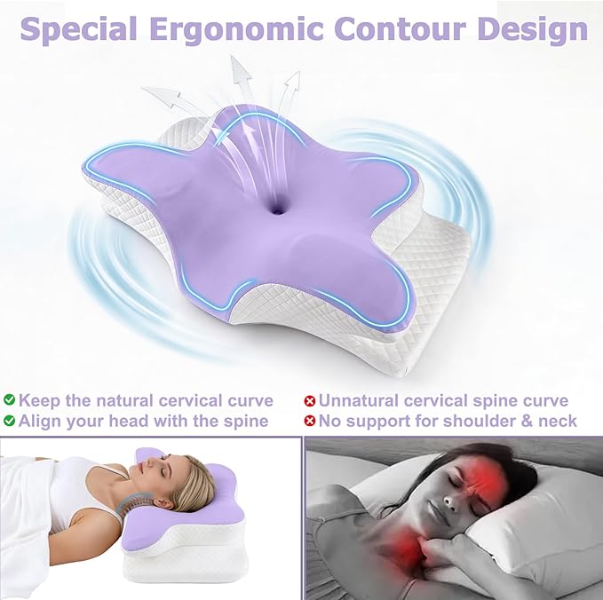Memory Foam Neck Pillow - Adjustable Orthopedic Contour Pillow for Neck & Shoulder Support, Odorless, Side Back Stomach Sleeper Friendly, Enhanced Spinal Alignment - Light Purple