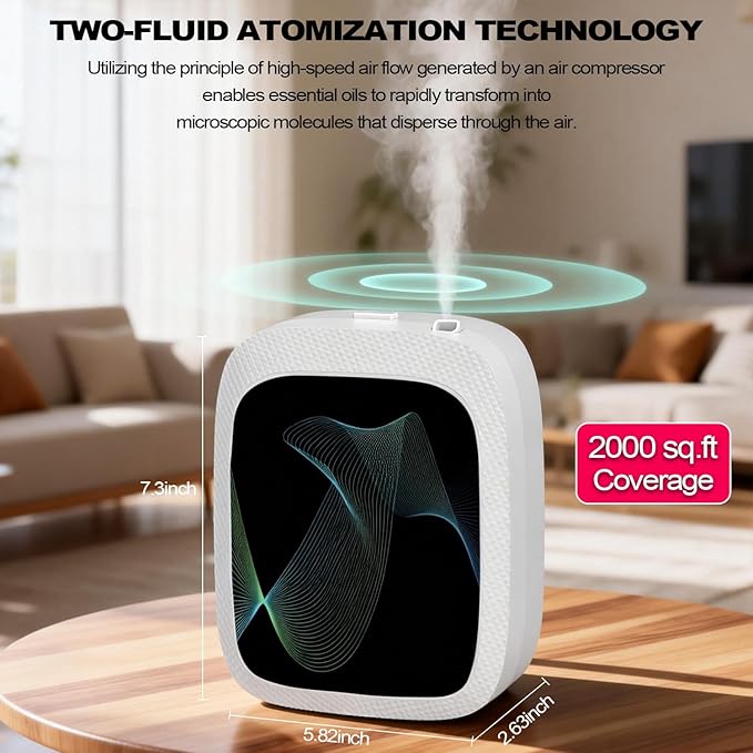 Waterless Essential Oil Diffuser Scent Air Machine for Home Large Room and Commercial Use, Up to 2000 sq ft, App & Panel Control, Dual Power Type-C/D Batteries (White)