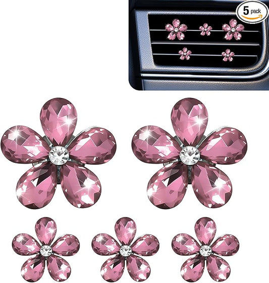 5PCS Bling Daisy Flower Car Air Vent Clips, Car Diffuser Vent Clip, Sparkling Crystal Rhinestone Cute Auto Air Conditioning Clamp, Diamond Air Outlet Clip Decor for Women Girls (Light Pink)